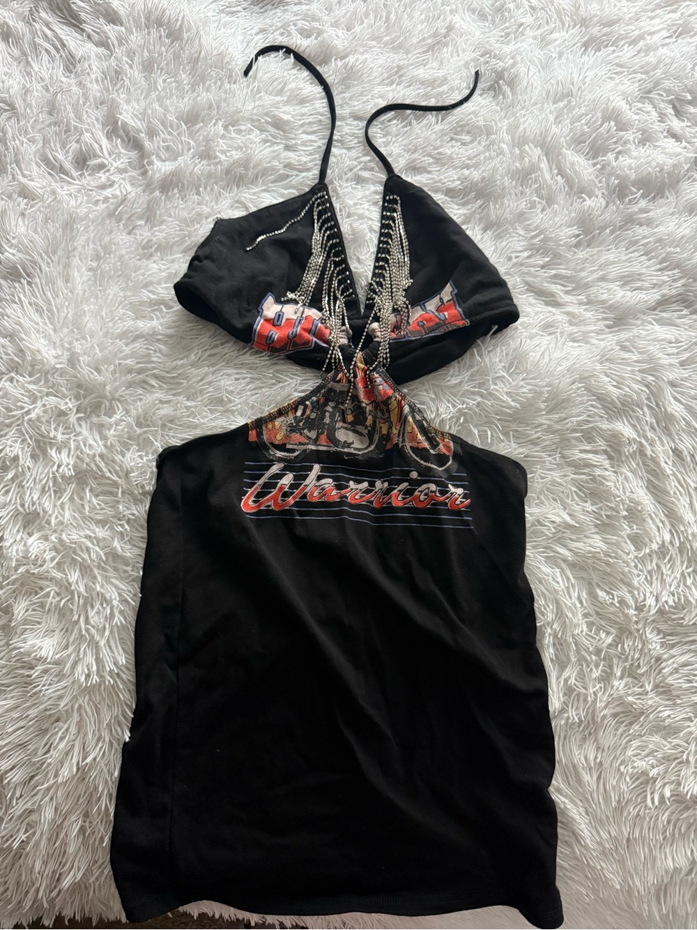 Forever 21 Black Cutout Halter Mini Dress with Chain & Warrior Graphic